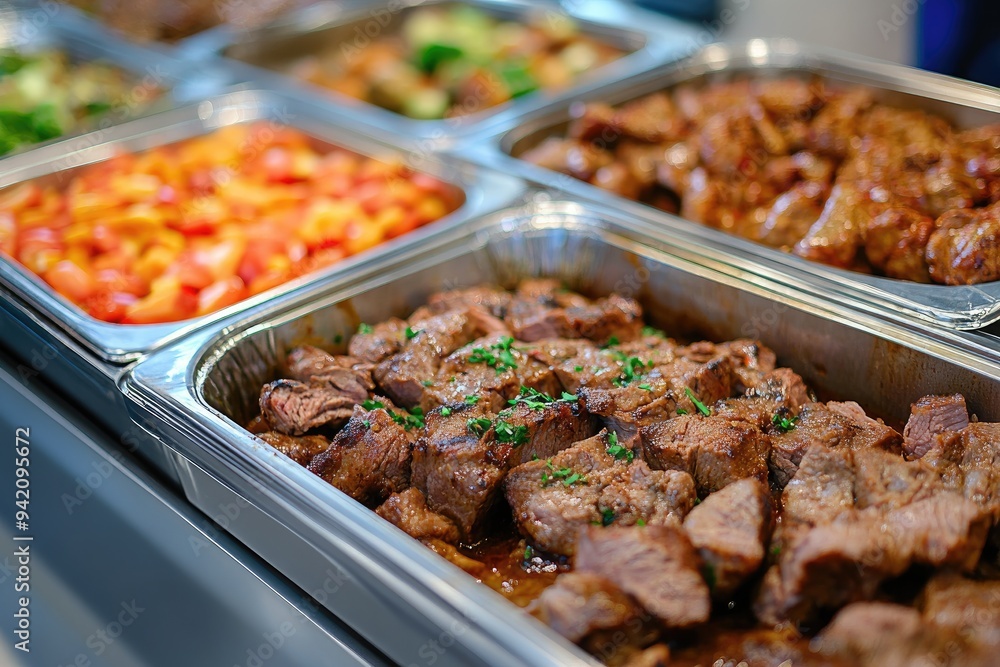 Close-up of grilled meat in a buffet tray. This image is ideal for food blogs, articles about grilling, or advertising catering services. Close-up of grilled meat in a buffet tray. This image is ideal for food blogs, articles about grilling, or advertising catering services.