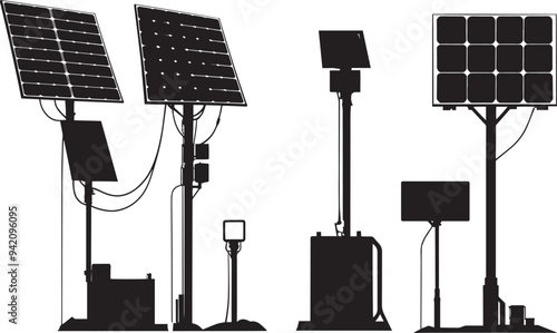 set of solar panel silhouette white background