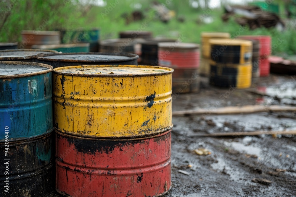 Stacked oil barrels with faded paint. A close-up of rusty and faded oil barrels, representing the decay of industrial waste and environmental issues. Stacked oil barrels with faded paint. A close-up of rusty and faded oil barrels, representing the decay of industrial waste and environmental issues.