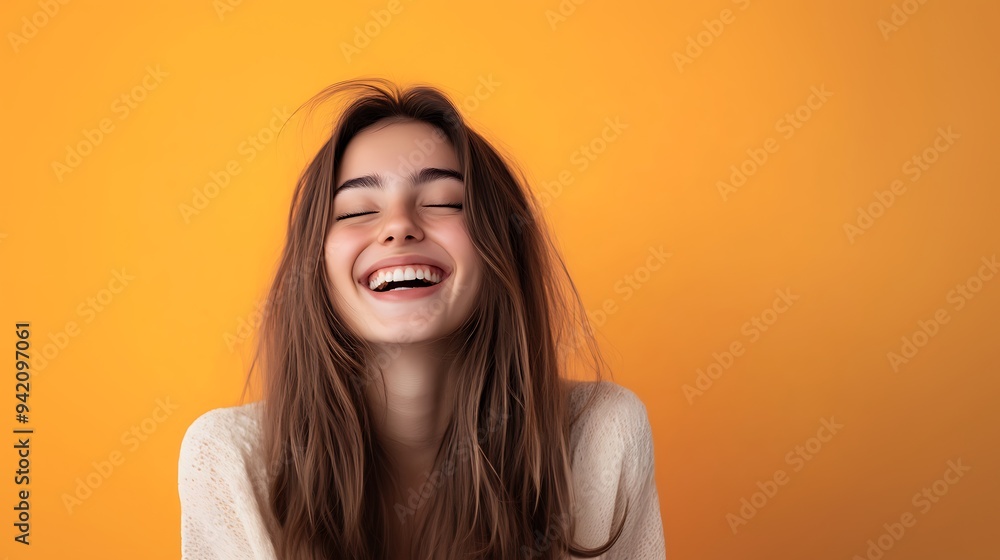 A happy young woman with long hair, laughing with her eyes closed on an orange solid background. A happy young woman with long hair, laughing with her eyes closed on an orange solid background.