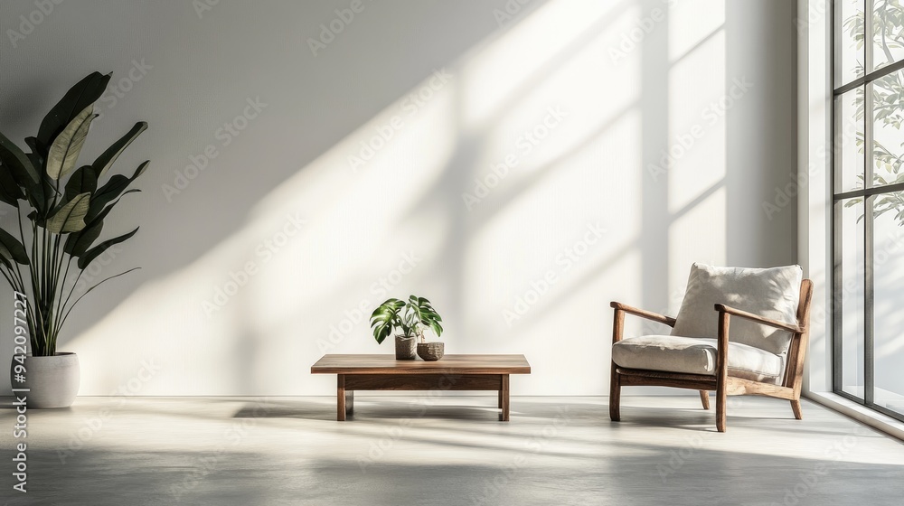 Fototapeta premium Minimalist Living Room with Wooden Furniture and Indoor Plants