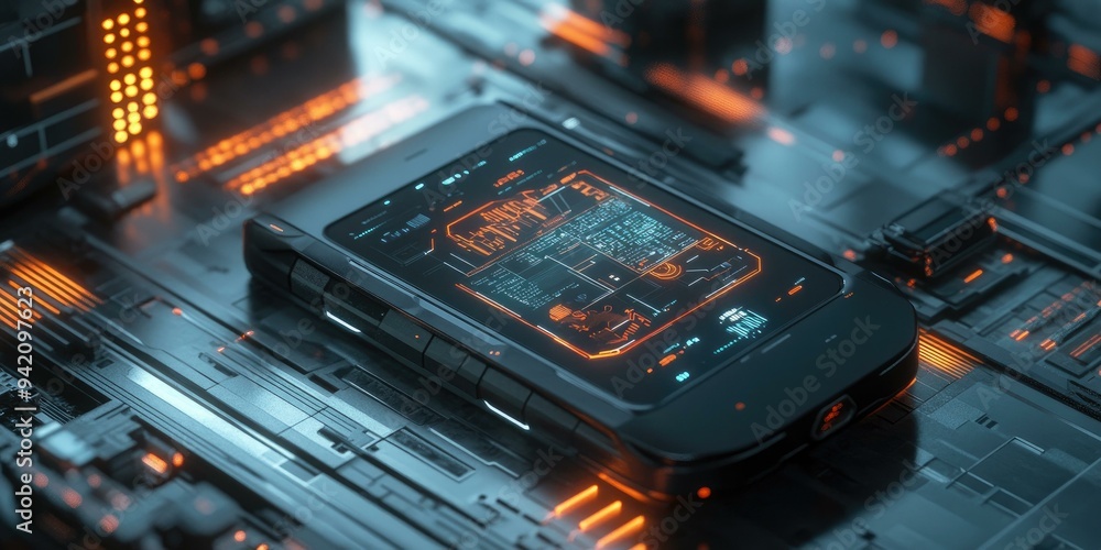 Obraz premium Futuristic phone with glowing interface on a metallic surface.