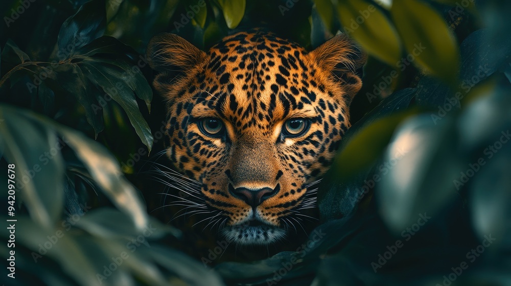 Leopard hiding in jungle looking out from green leaves Leopard hiding in jungle looking out from green leaves