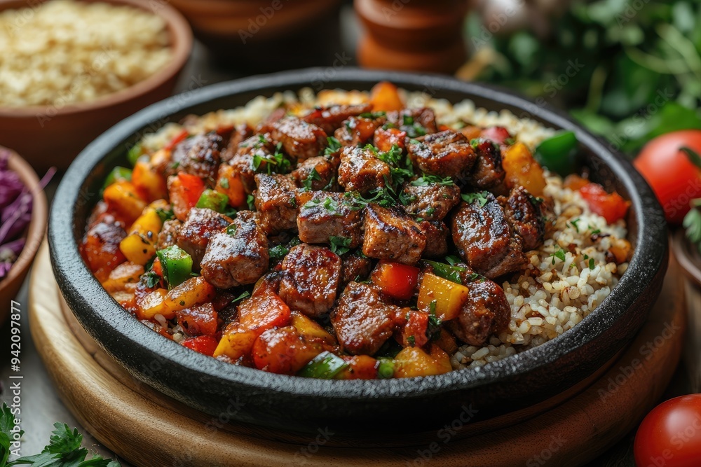 Delicious beef stew served with rice and vegetables on hot plate Delicious beef stew served with rice and vegetables on hot plate