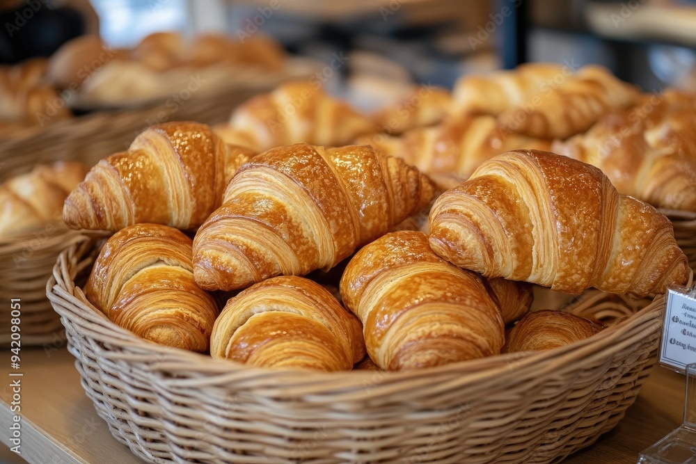 Wicker basket overflowing with freshly baked croissants Wicker basket overflowing with freshly baked croissants