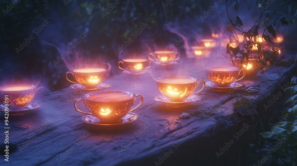 Glowing lanterns inside teacups on a wooden bench, illuminated by soft candlelight in a misty, magical forest atmosphere. Glowing lanterns inside teacups on a wooden bench, illuminated by soft candlelight in a misty, magical forest atmosphere.
