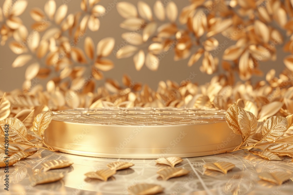 Luxurious Golden 3D Platform with Ornate Leaf Design - Ideal for Product Display, Print or Poster Luxurious Golden 3D Platform with Ornate Leaf Design - Ideal for Product Display, Print or Poster