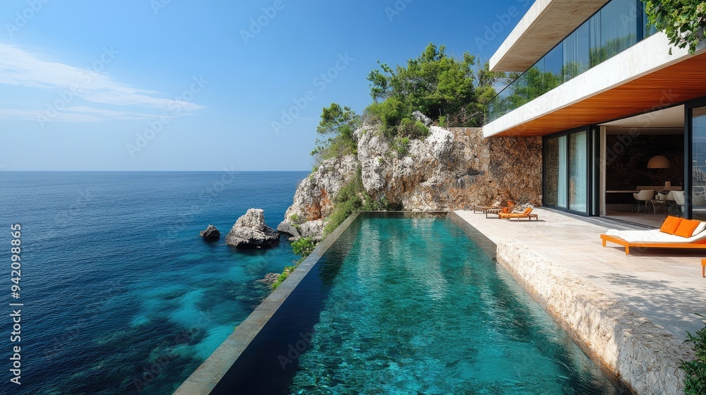 Fototapeta premium Infinity pool overlooking the ocean at a luxurious cliffside villa
