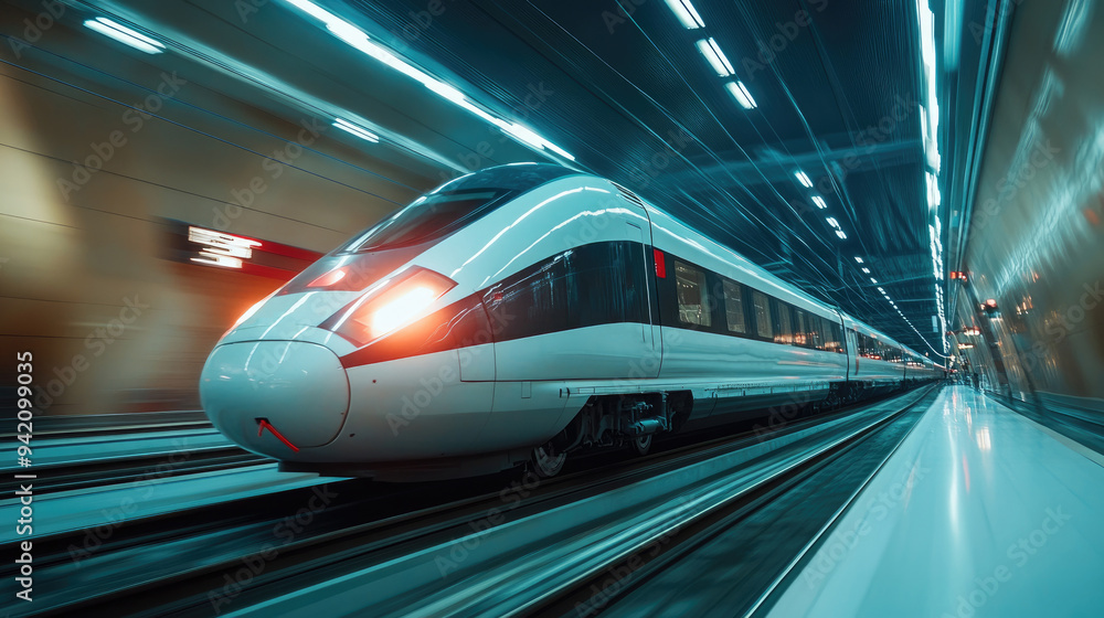 Modern High-Speed Train in Motion in Underground Tunnel with Dynamic Lighting Modern High-Speed Train in Motion in Underground Tunnel with Dynamic Lighting