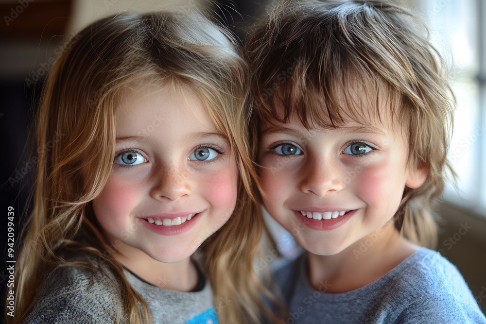 Two kids with big smiles look at the camera. Perfect for ads, websites, or social media posts showcasing childhood joy and innocence. Two kids with big smiles look at the camera. Perfect for ads, websites, or social media posts showcasing childhood joy and innocence.