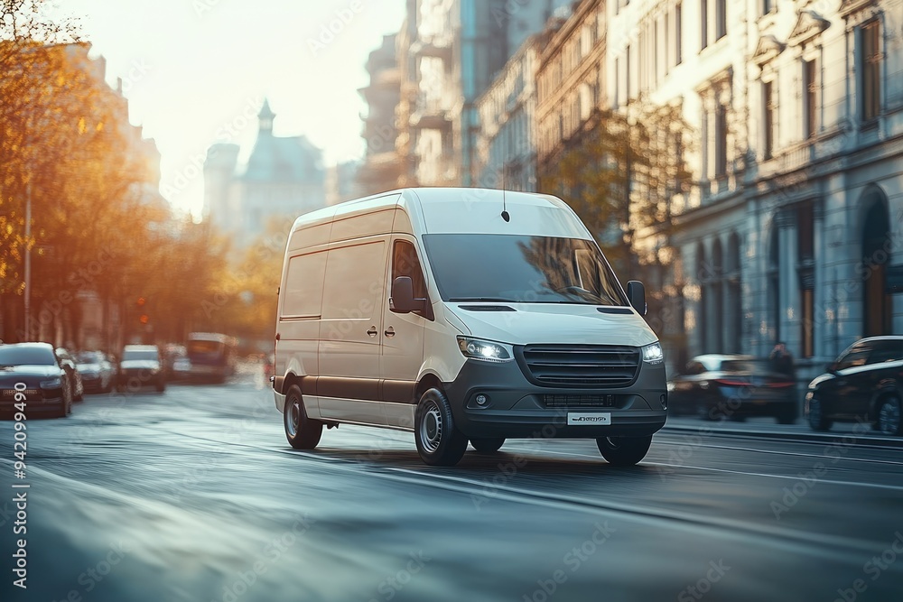 Obraz premium White delivery van driving on a city highway at dawn