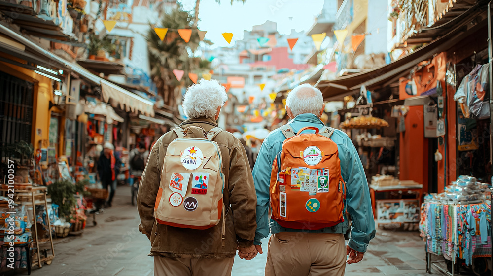 Obraz premium Two elderly people walking down a street with backpacks