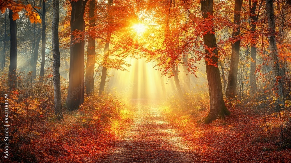 Fototapeta premium Golden Rays Illuminating the Autumn Path, Digital Painting, Forest, Sunbeams, Fall Foliage, Autumn, Nature