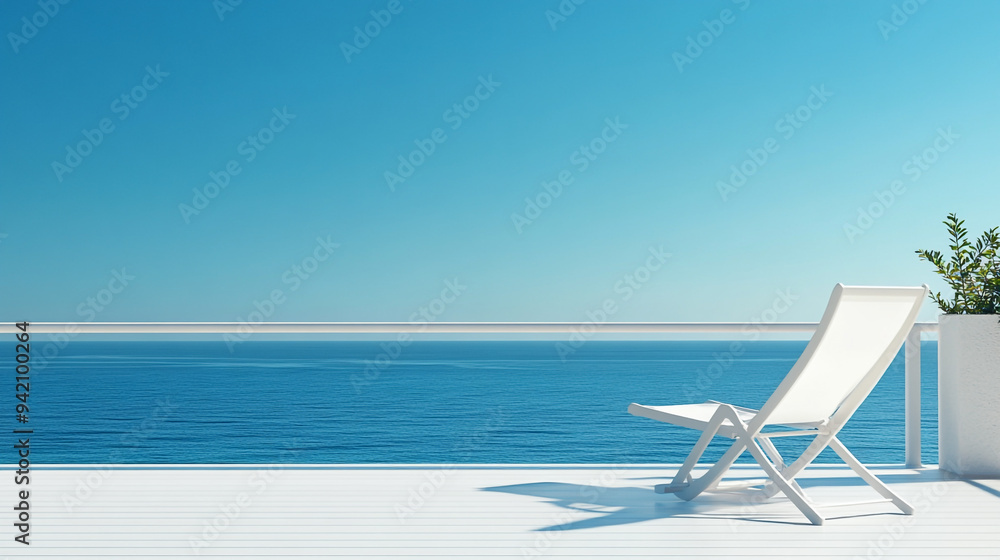Relaxing deck chair by a serene ocean view under a clear blue sky in the early afternoon light during a tranquil summer day Relaxing deck chair by a serene ocean view under a clear blue sky in the early afternoon light during a tranquil summer day