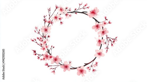 A sakura branch with blooming flowers, forming a circular logo, delicate and refined, flat , isolated on white background