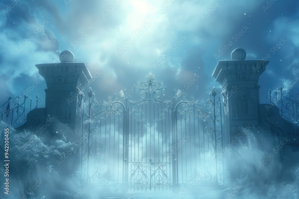 Heavenly Entrance: Hand Drawn Sketch of Ethereal Gates Amid Cloudscape - Mystical Design for Posters, Prints Heavenly Entrance: Hand Drawn Sketch of Ethereal Gates Amid Cloudscape - Mystical Design for Posters, Prints