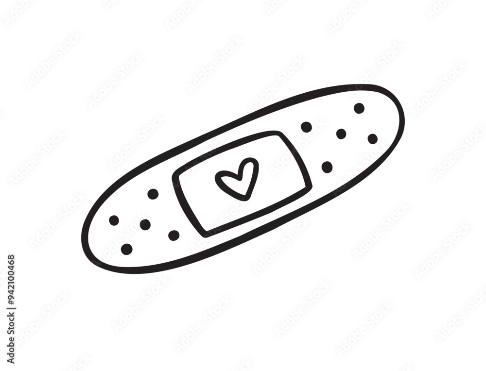 Hand drawn aid band plaster with heart care isolated on white background. doodle outline style Hand drawn aid band plaster with heart care isolated on white background. doodle outline style