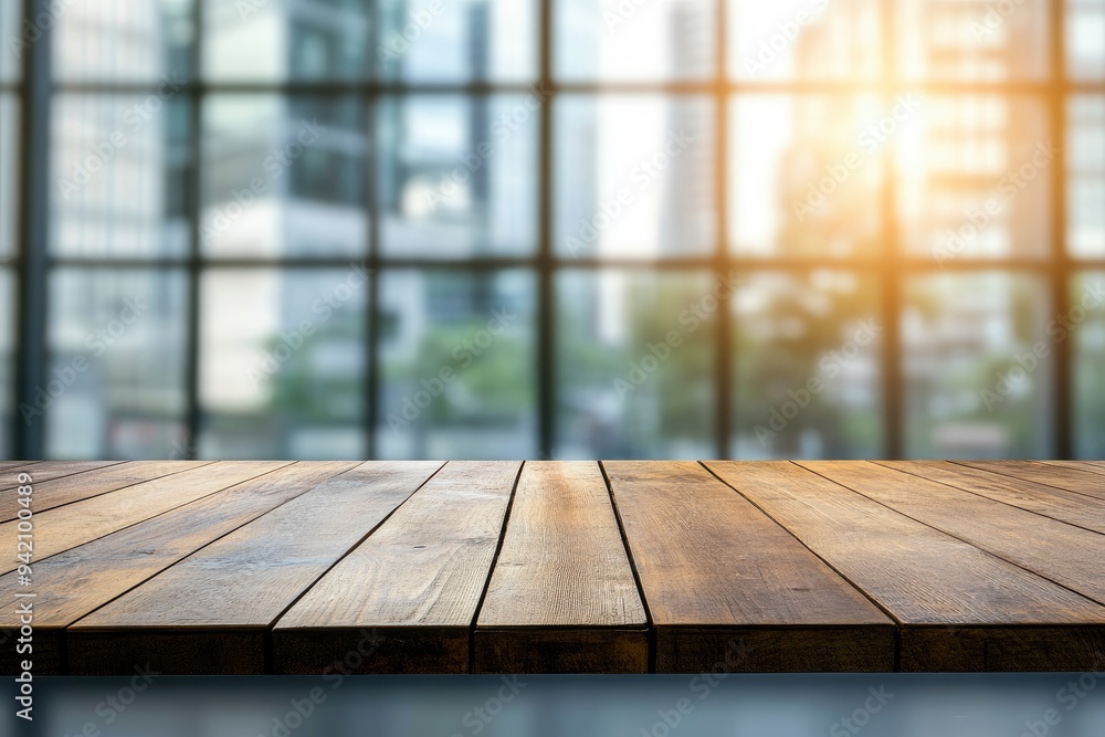 Empty wood table top and blur glass window wall building banner background with generative ai Empty wood table top and blur glass window wall building banner background with generative ai