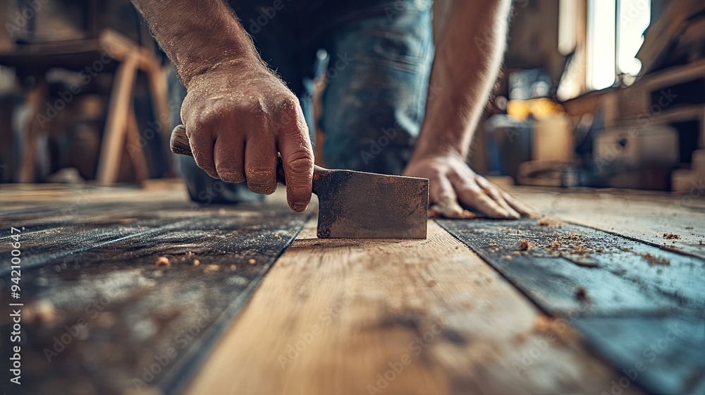 A carpenter's hand is using a tool to smooth out a wooden surface. This image can be used for projects related to woodworking, carpentry, craftsmanship, and DIY. A carpenter's hand is using a tool to smooth out a wooden surface. This image can be used for projects related to woodworking, carpentry, craftsmanship, and DIY.