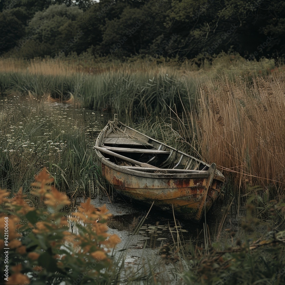 Obraz premium A weathered boat rests in a tranquil, overgrown waterway surrounded by lush vegetation.