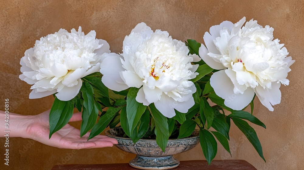 A person’s hand presents a bouquet of white peonies and lush greenery against a weathered brick wall, creating a soft, inviting ambiance A person’s hand presents a bouquet of white peonies and lush greenery against a weathered brick wall, creating a soft, inviting ambiance