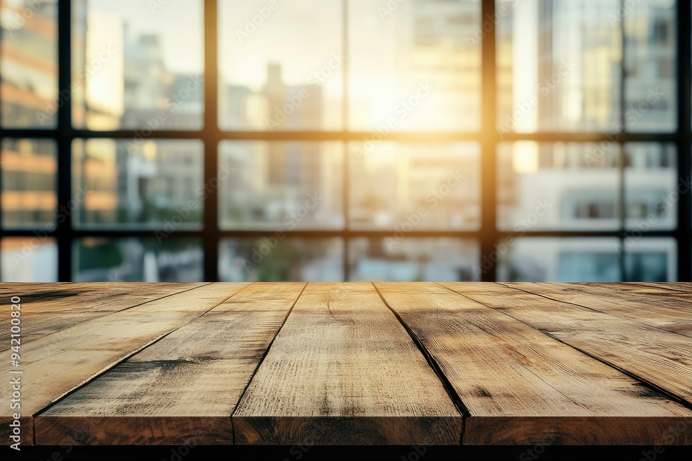 Empty wood table top and blur glass window wall building banner background with generative ai Empty wood table top and blur glass window wall building banner background with generative ai