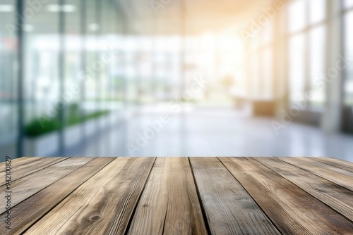 Empty wood table top and blur glass window wall building banner background with generative ai