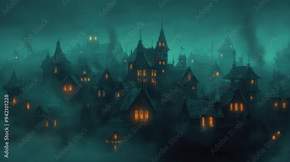 A dark, misty village with Gothic-style houses illuminated by a warm glow. The atmosphere is eerie and mysterious. A dark, misty village with Gothic-style houses illuminated by a warm glow. The atmosphere is eerie and mysterious.