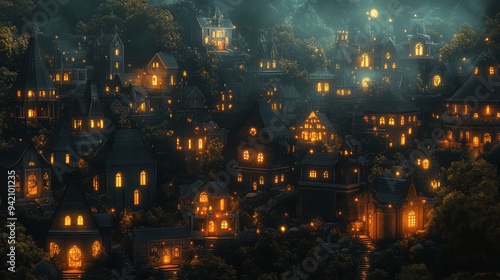 A magical village under the moonlight with glowing windows in charming houses nestled among trees.