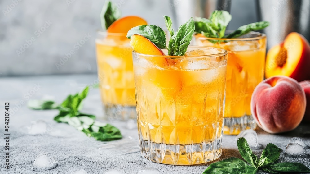 Fototapeta premium Refreshing Peach Basil Cocktail in a Cut Glass, Summer Drink, Peach Recipes, Basil Garnish, Iced Beverage