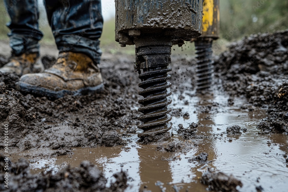 A worker in muddy boots stands near a drill. This image shows the process of drilling into muddy ground, a common task in construction and infrastructure projects. A worker in muddy boots stands near a drill. This image shows the process of drilling into muddy ground, a common task in construction and infrastructure projects.
