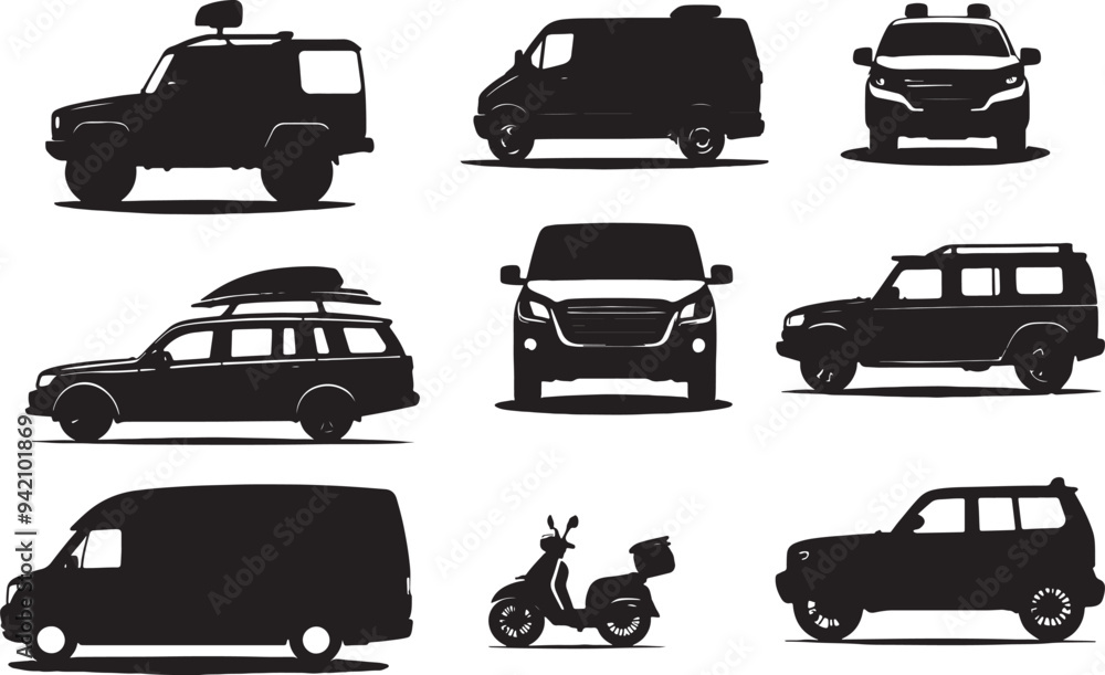 set of tourist vehicles silhouette white-background set of tourist vehicles silhouette white-background