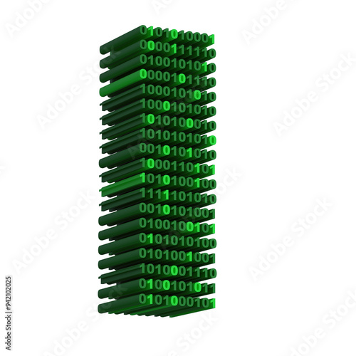 Title: 3D isometric letter I font made from binary code digits on transparent background PNG