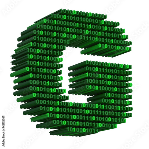 Title: 3D isometric letter G font made from binary code digits on transparent background PNG