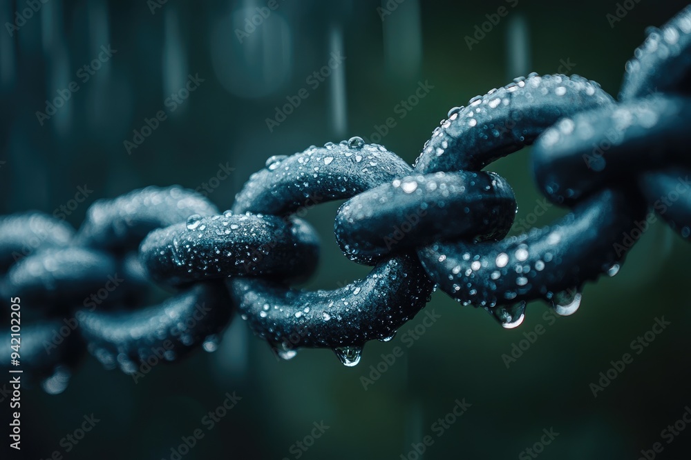 Close-up shot of a chain with raindrops. It shows the details of the chain with water droplets. Close-up shot of a chain with raindrops. It shows the details of the chain with water droplets.