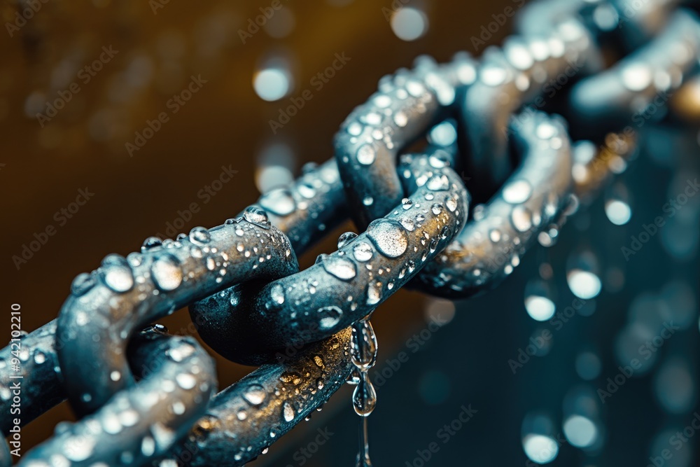 Metal chain covered in water drops. A close-up image perfect for concepts of strength, unity, and connection. Metal chain covered in water drops. A close-up image perfect for concepts of strength, unity, and connection.