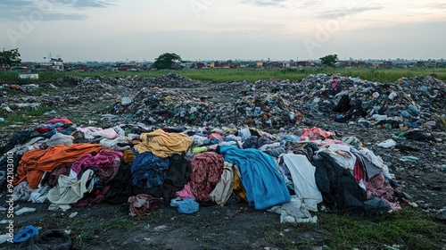 A pile of discarded clothing in a landfill. This photo illustrates the environmental impact of textile waste. #942103010