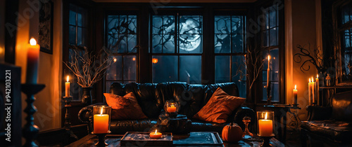 A living room decorated for Halloween with candles and decorations, Halloween party in a living room in Black and Orange, Halloween Background photo