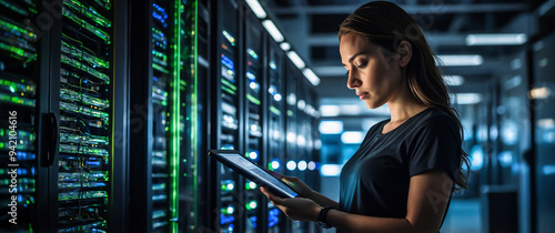 A woman checking a server with a tablet, a programmer coding a server by a tablet in a green server room, and a software engineer testing a server of a supercomputer.