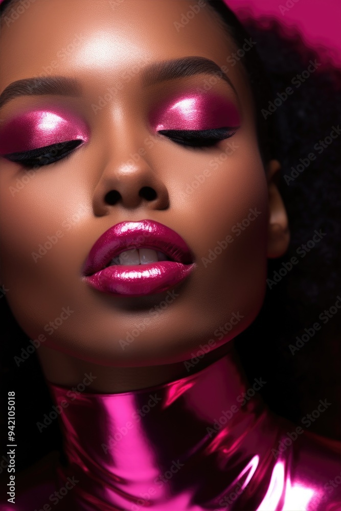 Fototapeta premium Portrait closeup of beautiful black woman. Girl with stylish makeup. Metallic pink eyeshadows and lips.