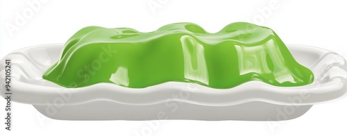 White plastic mold with green jelly inside, white background, clip art style, photo