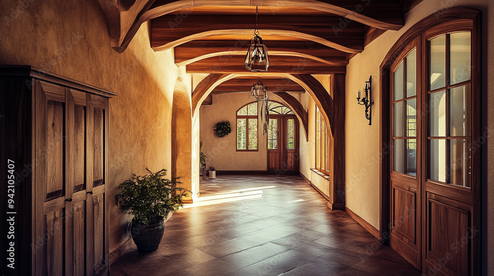 A warm and inviting hallway featuring wooden beams, natural light, and potted greenery in a cozy residential setting A warm and inviting hallway featuring wooden beams, natural light, and potted greenery in a cozy residential setting