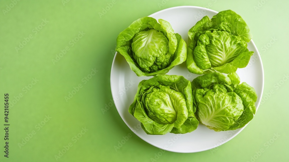 Three fresh hearts of lettuce on a white plate invite you to enjoy a delicious salad. Three fresh hearts of lettuce on a white plate invite you to enjoy a delicious salad.