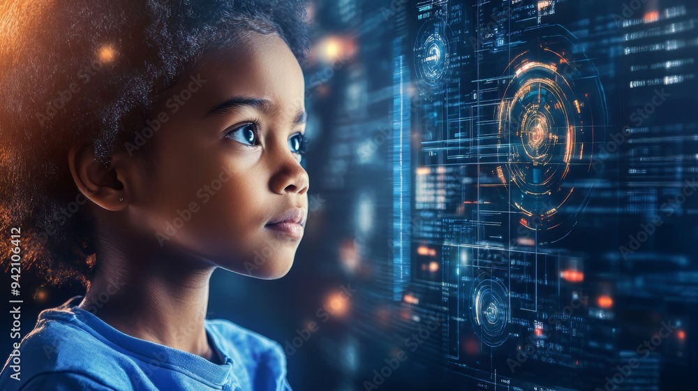A Child's Gaze into the Digital Future: A young girl, her face illuminated by the glow of holographic data, peers curiously into a world of technological possibilities. A Child's Gaze into the Digital Future: A young girl, her face illuminated by the glow of holographic data, peers curiously into a world of technological possibilities.