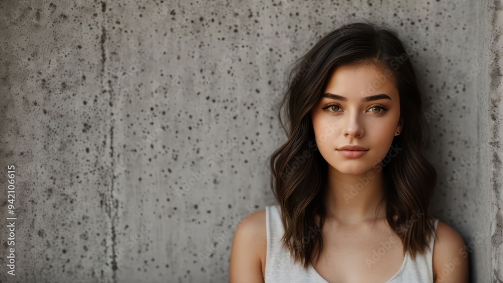 Pretty brunette young woman on the background of a concrete wall. Generative AI Pretty brunette young woman on the background of a concrete wall. Generative AI