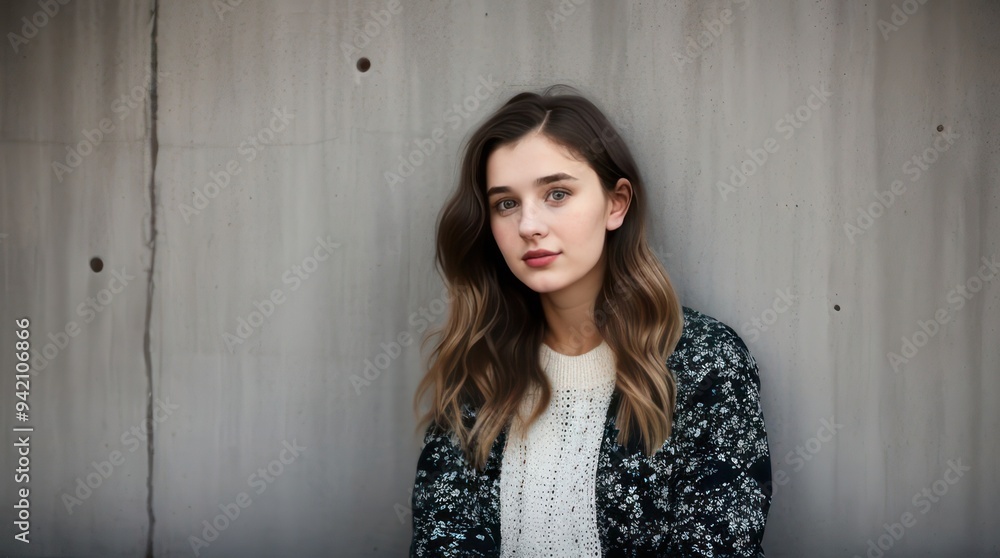 Pretty brunette young woman on the background of a concrete wall. Generative AI Pretty brunette young woman on the background of a concrete wall. Generative AI
