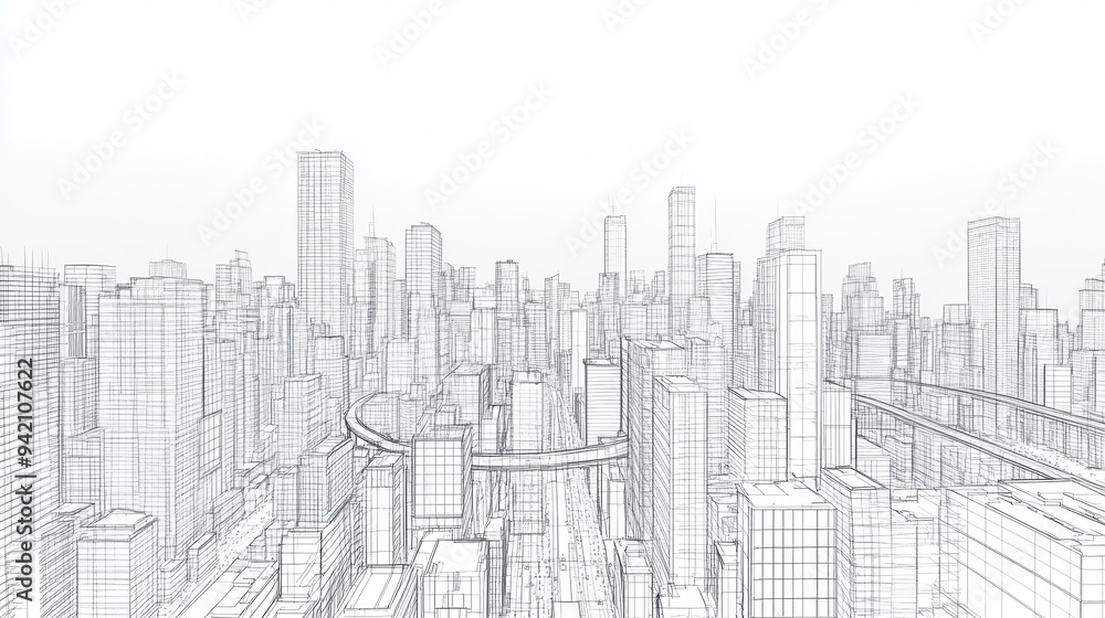 A detailed wireframe rendering of a modern city skyline, showcasing towering skyscrapers and an intricate road network in a minimalistic style A detailed wireframe rendering of a modern city skyline, showcasing towering skyscrapers and an intricate road network in a minimalistic style