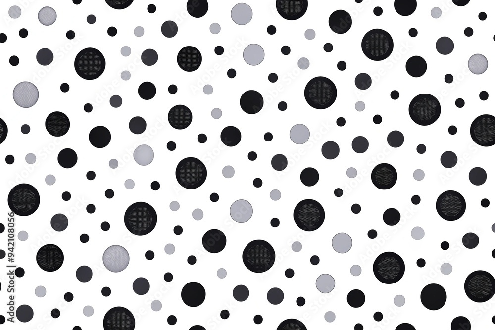 Vibrant and playful, a bright white background features scattered, various-sized, rounded black polka dots, creating a fun and whimsical geometric pattern. Vibrant and playful, a bright white background features scattered, various-sized, rounded black polka dots, creating a fun and whimsical geometric pattern.