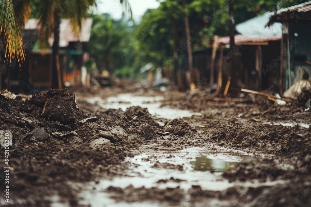 Muddy path after flood in village. Photo depicts aftermath of natural disaster. Muddy path after flood in village. Photo depicts aftermath of natural disaster.