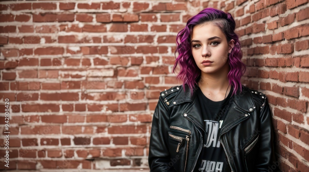 Pretty punk young woman on the background of a brick wall. Generative AI Pretty punk young woman on the background of a brick wall. Generative AI
